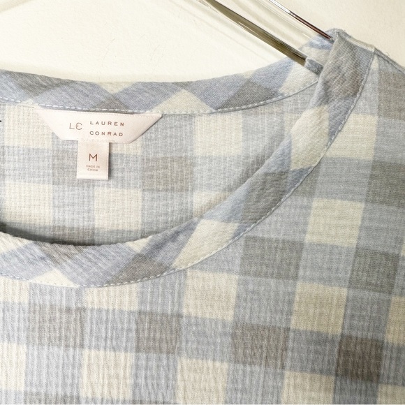 LC Lauren Conrad Sheer Gauze Blue Gingham Short Puff Sleeve Top Size Medium - Picture 5 of 6